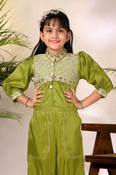 Minimalist Parrot Green Girls Cotton Top Plazzo Set with Embroidery for Daily Wear Girls Wear