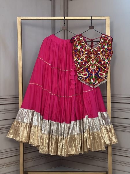 Minimalist Pink Rayon Lehenga Choli with Designer V Neck Kutchi Work Blouse For Ras Garba  Lehenga