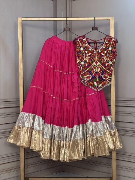 Minimalist Pink Rayon Lehenga Choli with Designer V Neck Kutchi Work Blouse For Ras Garba Navratri Lehnega Choli
