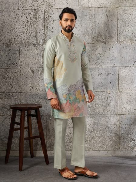 Minimalist Pista Boutique Quality Silk Kurta Pant Set with Thread and Sequins Embroidery Mens Short Kurta