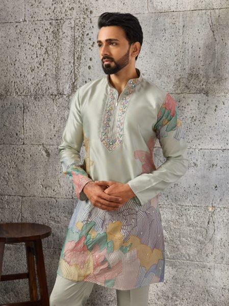 Minimalist Pista Boutique Quality Silk Kurta Pant Set with Thread and Sequins Embroidery Mens Short Kurta