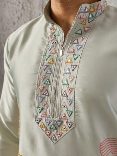 Minimalist Pista Boutique Quality Silk Kurta Pant Set with Thread and Sequins Embroidery Mens Short Kurta
