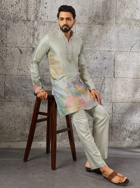 Minimalist Pista Boutique Quality Silk Kurta Pant Set with Thread and Sequins Embroidery Mens Short Kurta