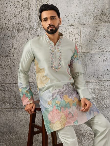 Minimalist Pista Boutique Quality Silk Kurta Pant Set with Thread and Sequins Embroidery Mens Short Kurta