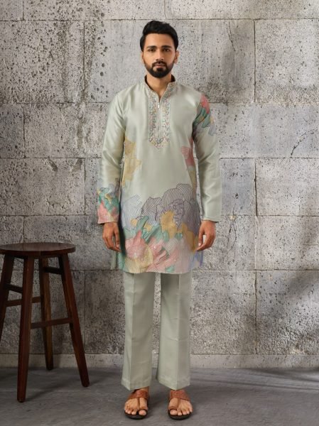 Minimalist Pista Boutique Quality Silk Kurta Pant Set with Thread and Sequins Embroidery Mens Short Kurta