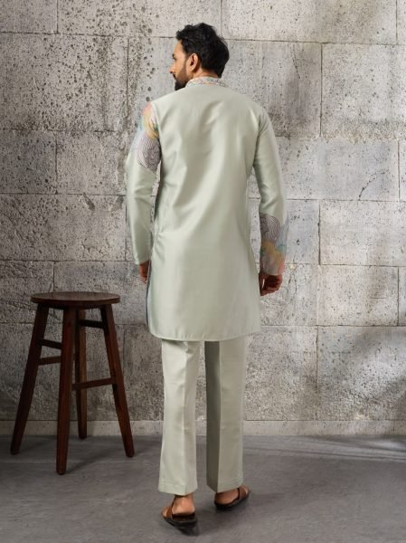 Minimalist Pista Boutique Quality Silk Kurta Pant Set with Thread and Sequins Embroidery Mens Short Kurta