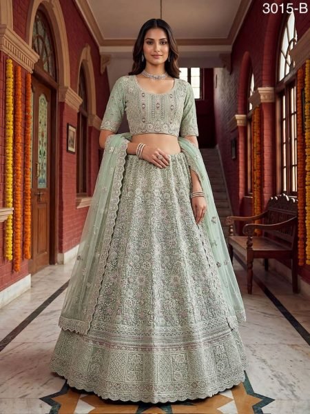 Minimalist Pista Bridal Lehenga with Multi Thread Embroidery for Reception Wear  Lehenga