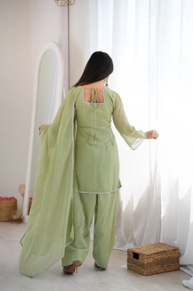 Minimalist Pista Designer Crunchy Silk Farshi Salwar Suit with Diamond Work at Manufacturer  Ready To Wear Collection