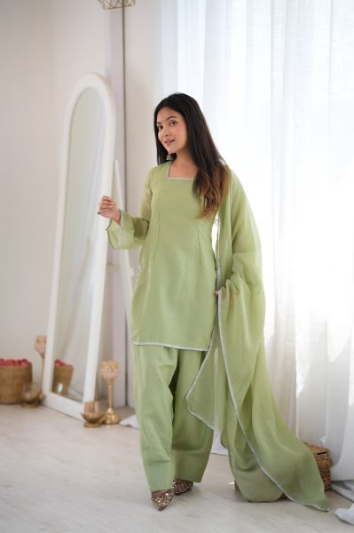 Minimalist Pista Designer Crunchy Silk Farshi Salwar Suit with Diamond Work at Manufacturer  Ready To Wear Collection