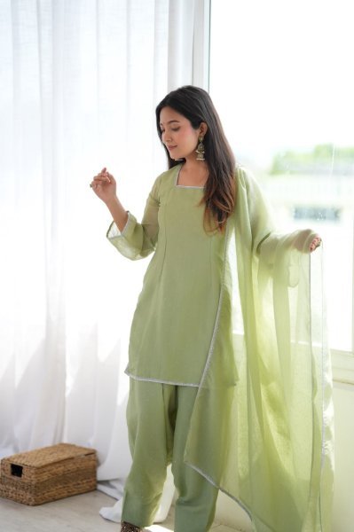 Minimalist Pista Designer Crunchy Silk Farshi Salwar Suit with Diamond Work at Manufacturer  Ready To Wear Collection
