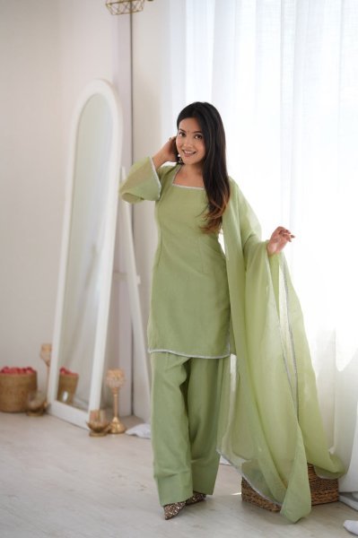 Minimalist Pista Designer Crunchy Silk Farshi Salwar Suit with Diamond Work at Manufacturer  Ready To Wear Collection