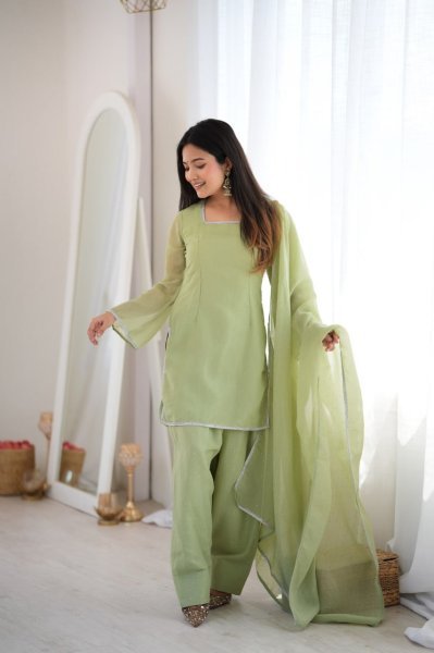 Minimalist Pista Designer Crunchy Silk Farshi Salwar Suit with Diamond Work at Manufacturer  Ready To Wear Collection