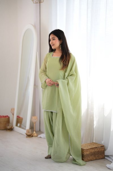 Minimalist Pista Designer Crunchy Silk Farshi Salwar Suit with Diamond Work at Manufacturer  Ready To Wear Collection