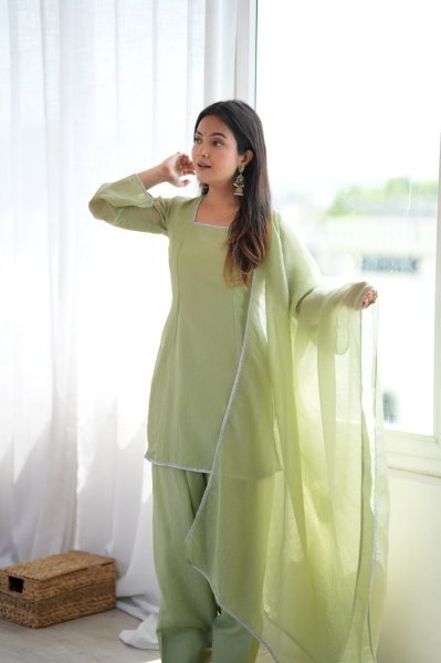 Minimalist Pista Designer Crunchy Silk Farshi Salwar Suit with Diamond Work at Manufacturer  Ready To Wear Collection