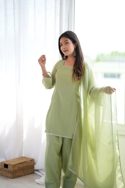 Minimalist Pista Designer Crunchy Silk Farshi Salwar Suit with Diamond Work at Manufacturer  Ready To Wear Collection