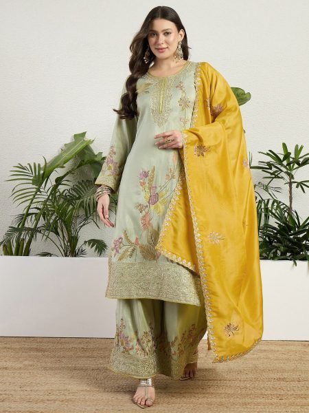 Minimalist Pista Organza Kurti Pant Set with Dupatta For Wholesale Rate Salwar Kameez