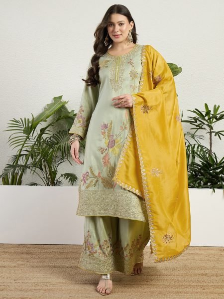Minimalist Pista Organza Kurti Pant Set with Dupatta For Wholesale Rate Designer Plazzo Salwar Suits Wholesale