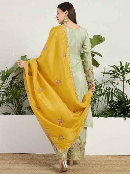 Minimalist Pista Organza Kurti Pant Set with Dupatta For Wholesale Rate Designer Plazzo Salwar Suits Wholesale