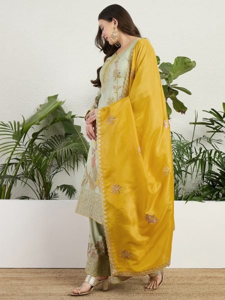 Minimalist Pista Organza Kurti Pant Set with Dupatta For Wholesale Rate Designer Plazzo Salwar Suits Wholesale