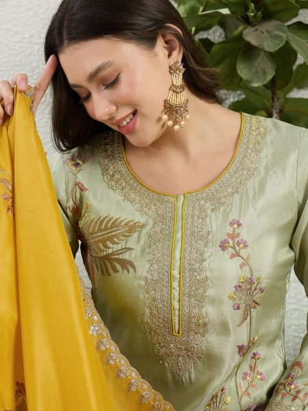 Minimalist Pista Organza Kurti Pant Set with Dupatta For Wholesale Rate Designer Plazzo Salwar Suits Wholesale
