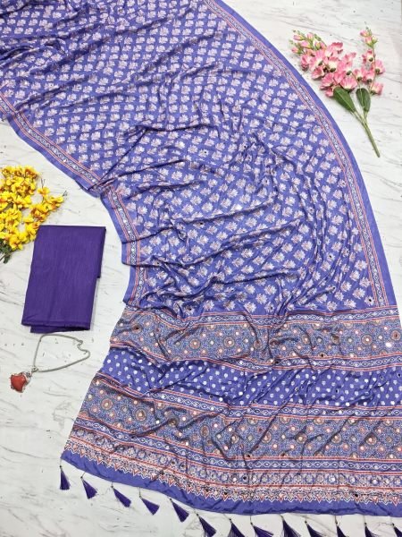 Minimalist Purple Designer Chinon Silk Saree with Real Mirror Work and Tassel Pallu Silk Sarees Wholesale