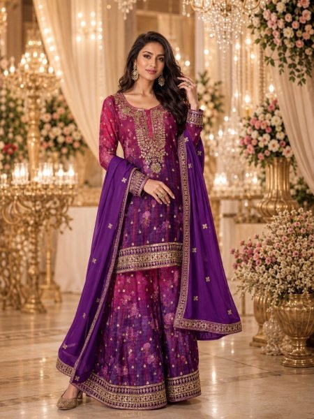 Minimalist Purple Designer Real Chinon Suit Set with Embroidery Work and Dupatta Salwar Kameez