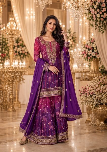 Minimalist Purple Designer Real Chinon Suit Set with Embroidery Work and Dupatta Wholesale Printed Salwar Kameez 