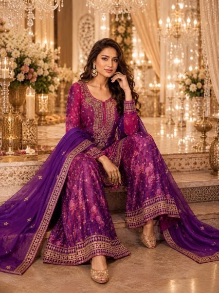 Minimalist Purple Designer Real Chinon Suit Set with Embroidery Work and Dupatta Wholesale Printed Salwar Kameez 