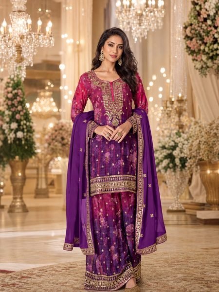 Minimalist Purple Designer Real Chinon Suit Set with Embroidery Work and Dupatta Wholesale Printed Salwar Kameez 