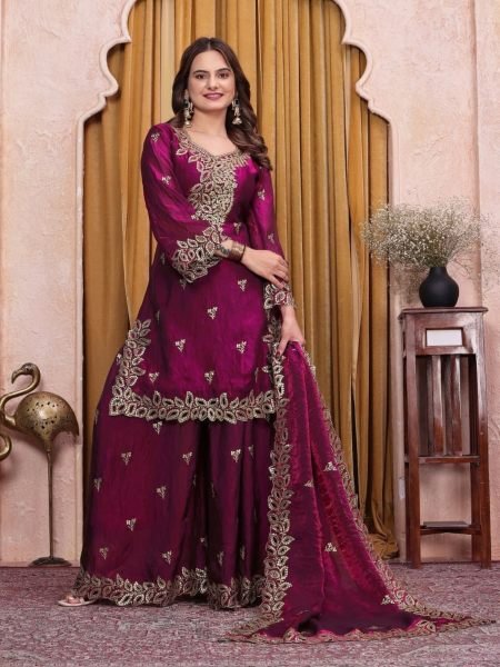 Minimalist Purple Fendy Silk Sharara Suit with Micro Inner and Sequin Work 