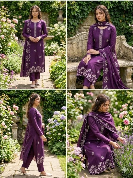 Minimalist Purple Festival Wear Vichitra Silk Kurti Suit with Rich Sequins Embroidery Color Set Matching Dress Material Wholesale