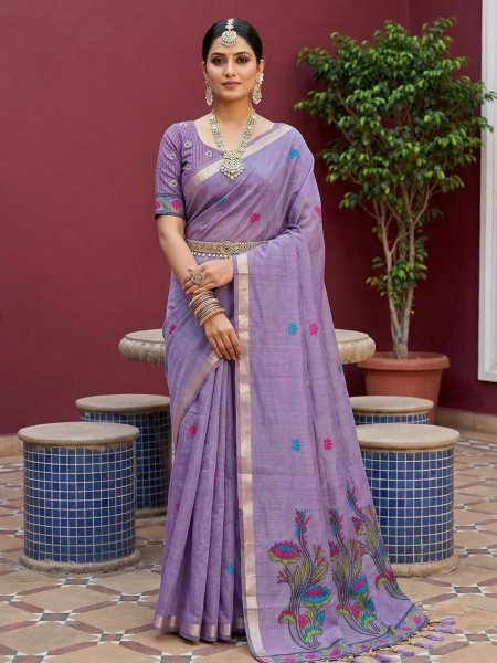 Minimalist Purple Meenakari Weaving Muga Cotton Saree with Designer Contrast Blouse Sarees 
