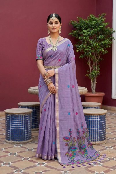 Minimalist Purple Meenakari Weaving Muga Cotton Saree with Designer Contrast Blouse Printed Cotton Sarees Wholesale