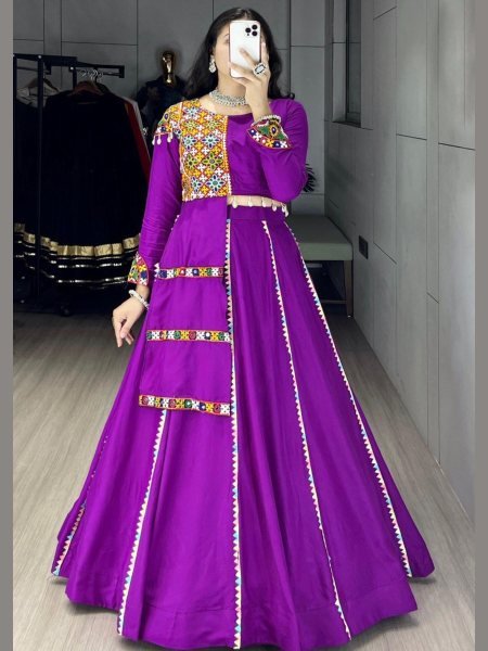 Minimalist Purple Navratri Cotton Lehenga Set with Real Mirror Gamthi Work  Lehenga