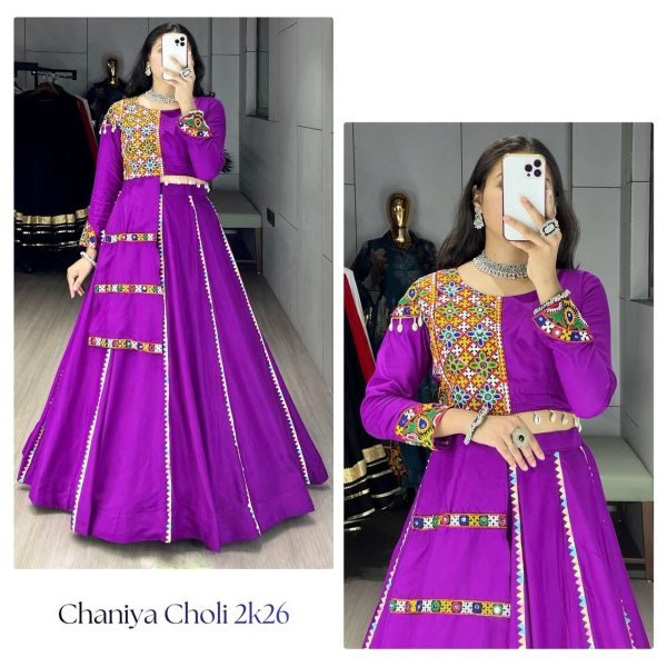 Minimalist Purple Navratri Cotton Lehenga Set with Real Mirror Gamthi Work Navratri Lehnega Choli