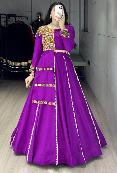 Minimalist Purple Navratri Cotton Lehenga Set with Real Mirror Gamthi Work Navratri Lehnega Choli