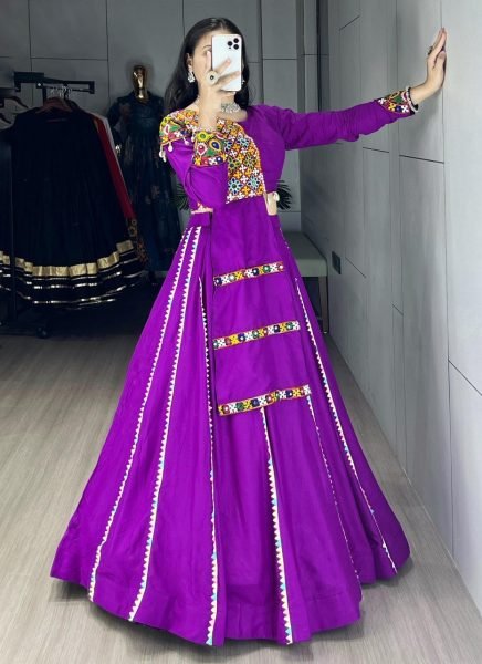 Minimalist Purple Navratri Cotton Lehenga Set with Real Mirror Gamthi Work Navratri Lehnega Choli