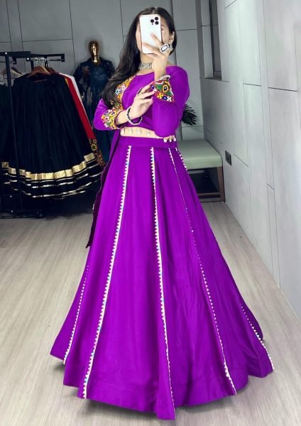 Minimalist Purple Navratri Cotton Lehenga Set with Real Mirror Gamthi Work Navratri Lehnega Choli