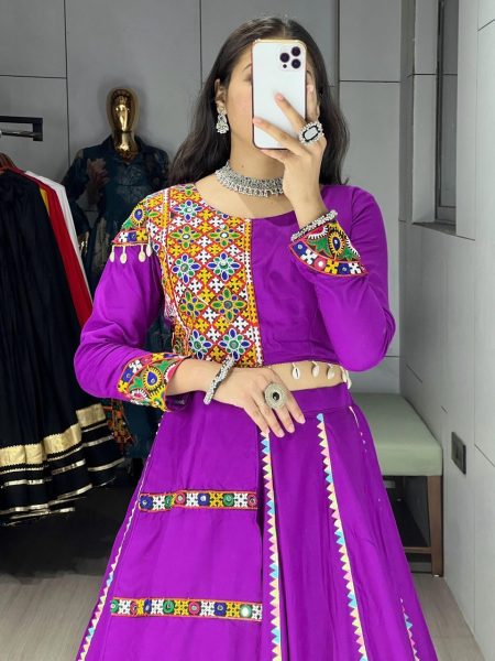 Minimalist Purple Navratri Cotton Lehenga Set with Real Mirror Gamthi Work Navratri Lehnega Choli