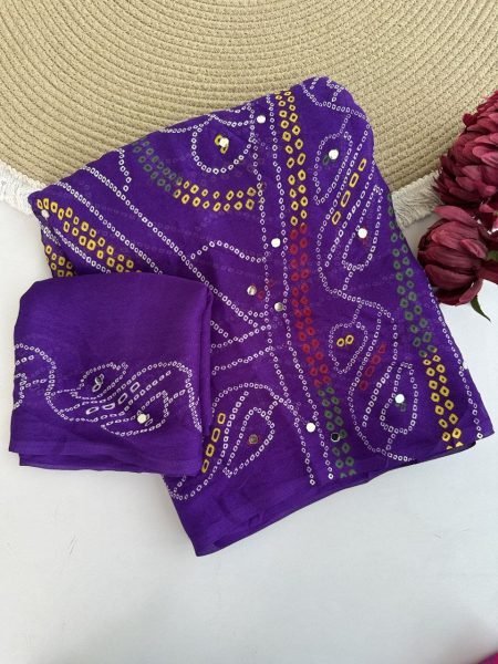 Minimalist Purple Pure Moss Crepe Bandhej Saree with Original Mirror for Festive Wear Bandhej Sarees Wholesale