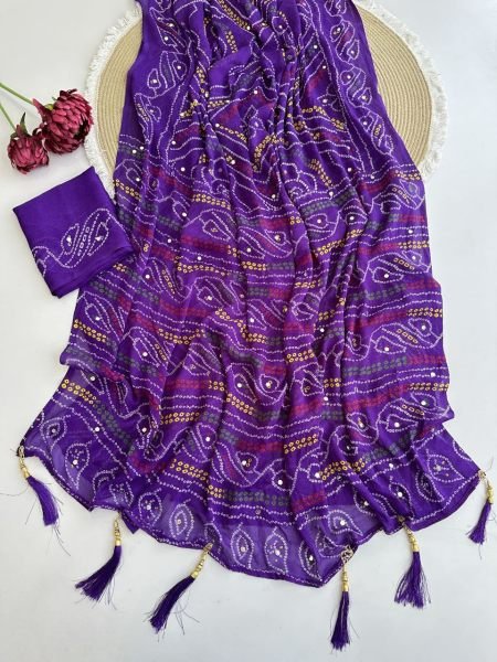 Minimalist Purple Pure Moss Crepe Bandhej Saree with Original Mirror for Festive Wear Bandhej Sarees Wholesale