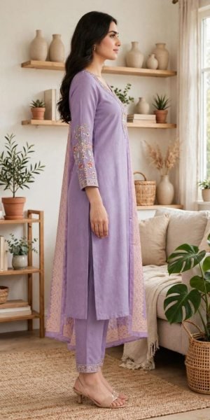 Minimalist Purple Rayon Slub Embroidered Suit Set with Digital Print Dupatta for Daily Wear Embroidery Kurtis 
