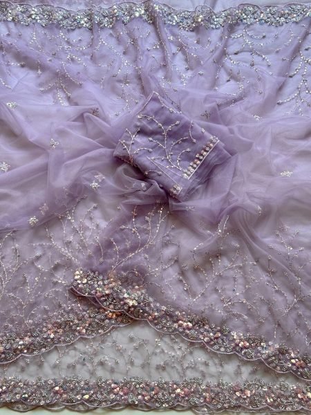 Minimalist Purple Soft Net Saree Collection with Scallop Border and Rich Beads Embroidery Sarees 