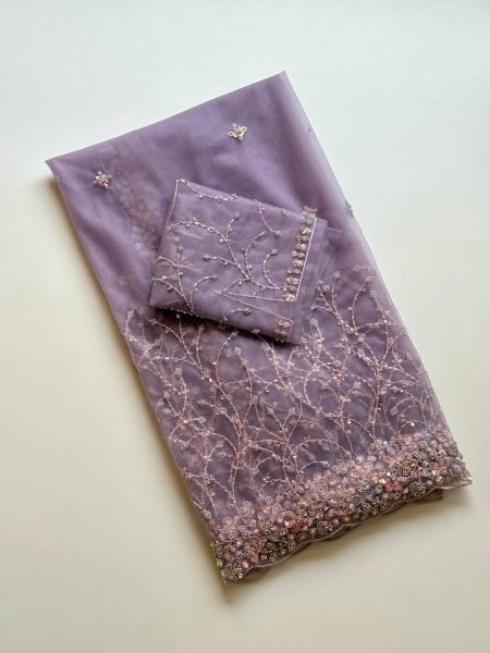 Minimalist Purple Soft Net Saree Collection with Scallop Border and Rich Beads Embroidery Embroidery Sarees Wholesale