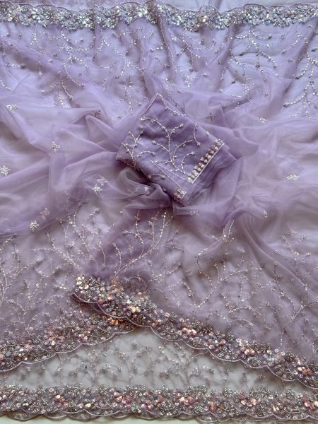 Minimalist Purple Soft Net Saree Collection with Scallop Border and Rich Beads Embroidery Embroidery Sarees Wholesale