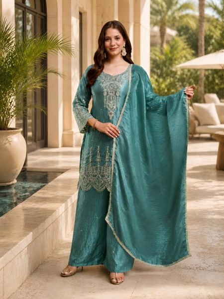 Minimalist Rama Designer Fendy Ghaghra Palazzo Suit Set with Embroidered Kurti 