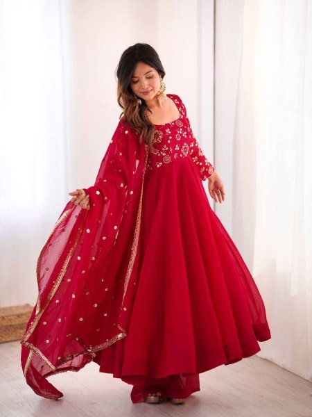 Minimalist Red Chinnon Silk Sequence Embroidery Work Readymade Kurta Set  Ready To Wear Collection