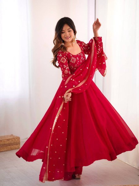 Minimalist Red Chinnon Silk Sequence Embroidery Work Readymade Kurta Set  Ready To Wear Collection