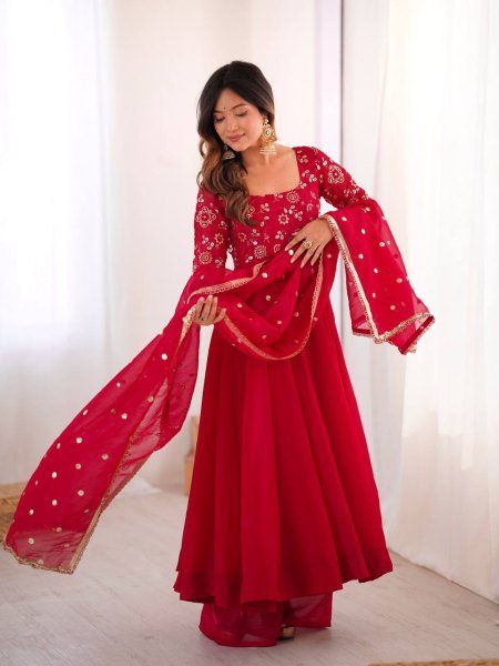 Minimalist Red Chinnon Silk Sequence Embroidery Work Readymade Kurta Set  Ready To Wear Collection