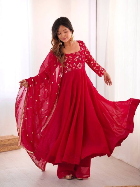 Minimalist Red Chinnon Silk Sequence Embroidery Work Readymade Kurta Set  Ready To Wear Collection